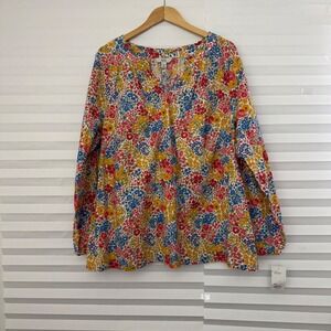 Croft & Barrow Womens 2X Floral Cotton Blouse Long Sleeve Split Neck Multi-Color